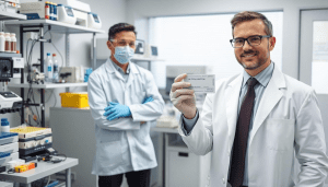a laboratory technician wearing a white lab coat and gloves, standing next to a collection of medical equipment and supplies, with a transitional overlay of a corporate executive in a suit holding a medical test kit